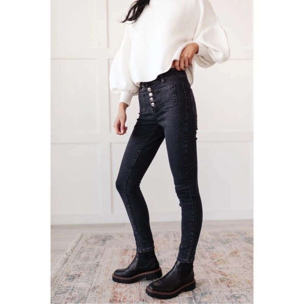 Oat New York High Rise Sailor Skinny Jeans in Color Black Forest - Picture 2 of 8